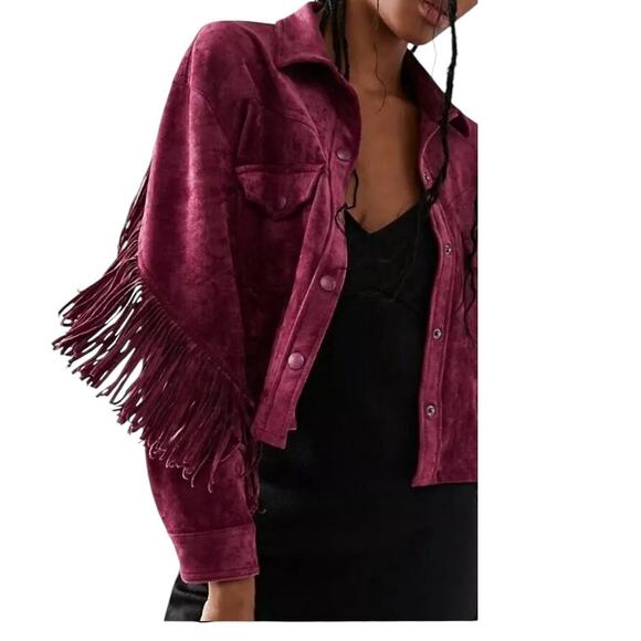 Blank NYC Free People XS Twist Shout Vegan Leather Suede Jacket Pink Fringe NWT - Picture 1 of 16